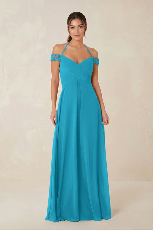 A-Line Off-the-Shoulder Chiffon Bridesmaid Dress in Blue Jay