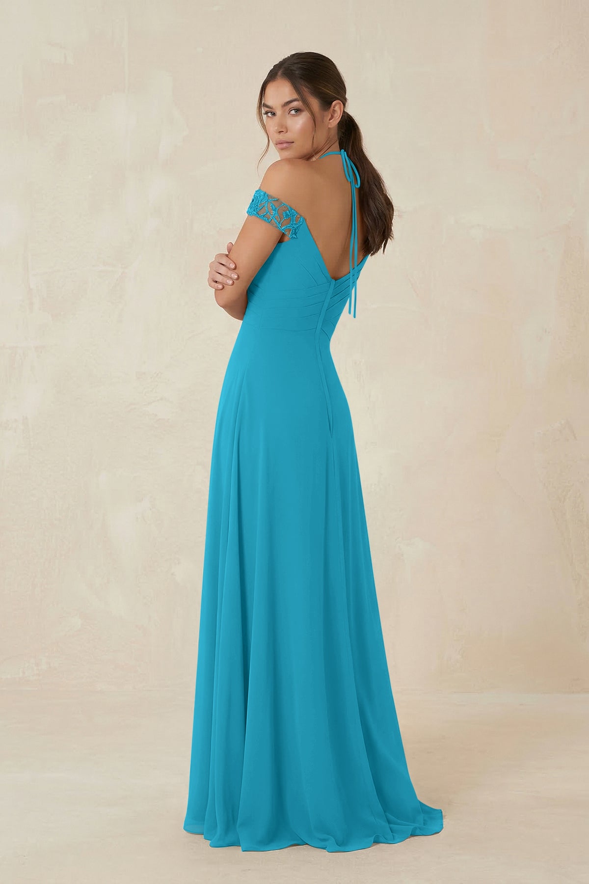 A-Line Off-the-Shoulder Chiffon Bridesmaid Dress in Blue Jay