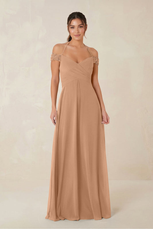 A-Line Off-the-Shoulder Chiffon Bridesmaid Dress in Bronzer