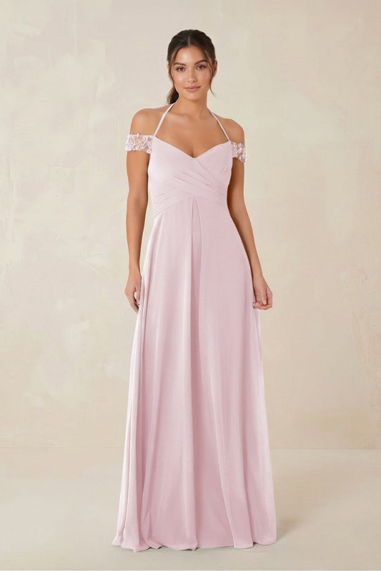A-Line Off-the-Shoulder Chiffon Bridesmaid Dress in Candy Pink