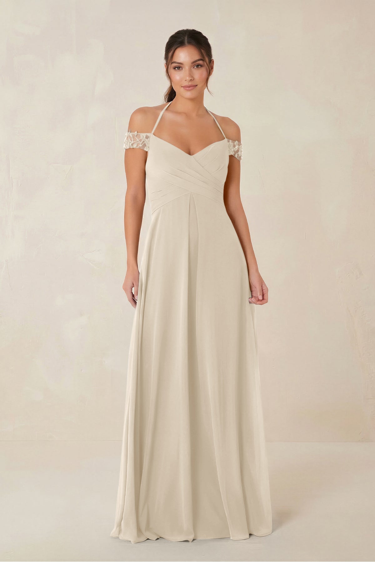 A-Line Off-the-Shoulder Chiffon Bridesmaid Dress in Champagne