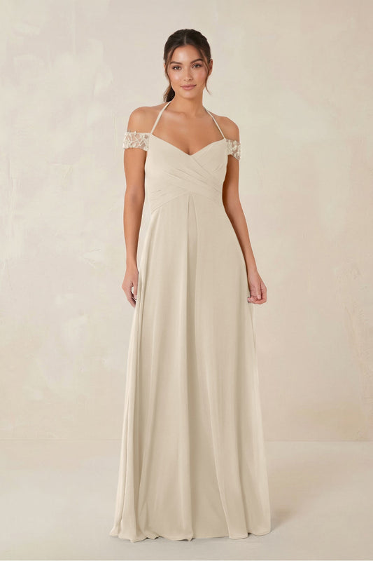 A-Line Off-the-Shoulder Chiffon Bridesmaid Dress in Champagne