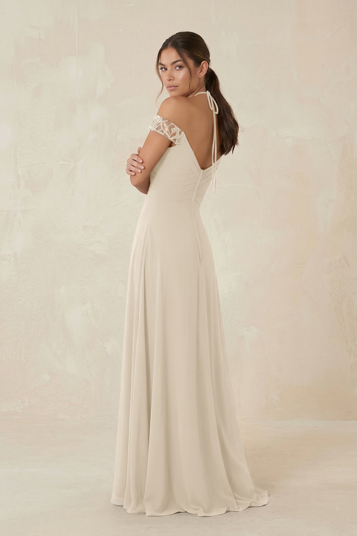 A-Line Off-the-Shoulder Chiffon Bridesmaid Dress in Champagne