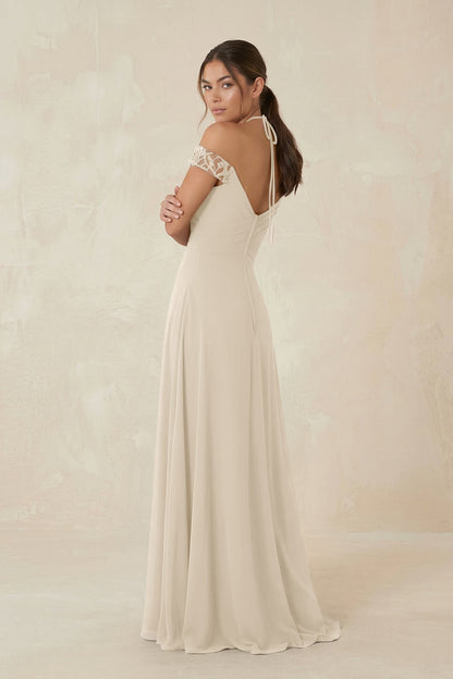 A-Line Off-the-Shoulder Chiffon Bridesmaid Dress in Champagne