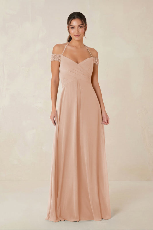 A-Line Off-the-Shoulder Chiffon Bridesmaid Dress in Champagne Rose