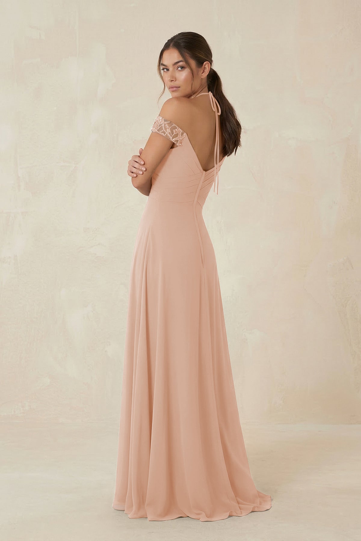 A-Line Off-the-Shoulder Chiffon Bridesmaid Dress in Champagne Rose