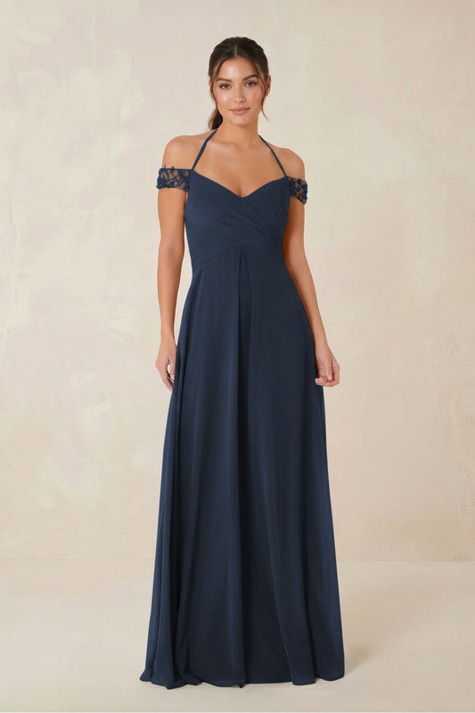 A-Line Off-the-Shoulder Chiffon Bridesmaid Dress in Dark Navy