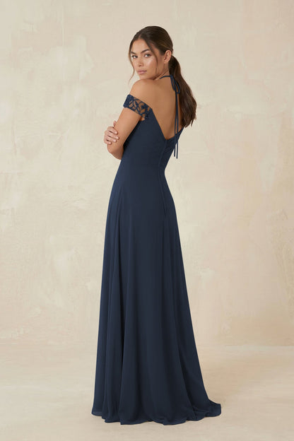 A-Line Off-the-Shoulder Chiffon Bridesmaid Dress in Dark Navy