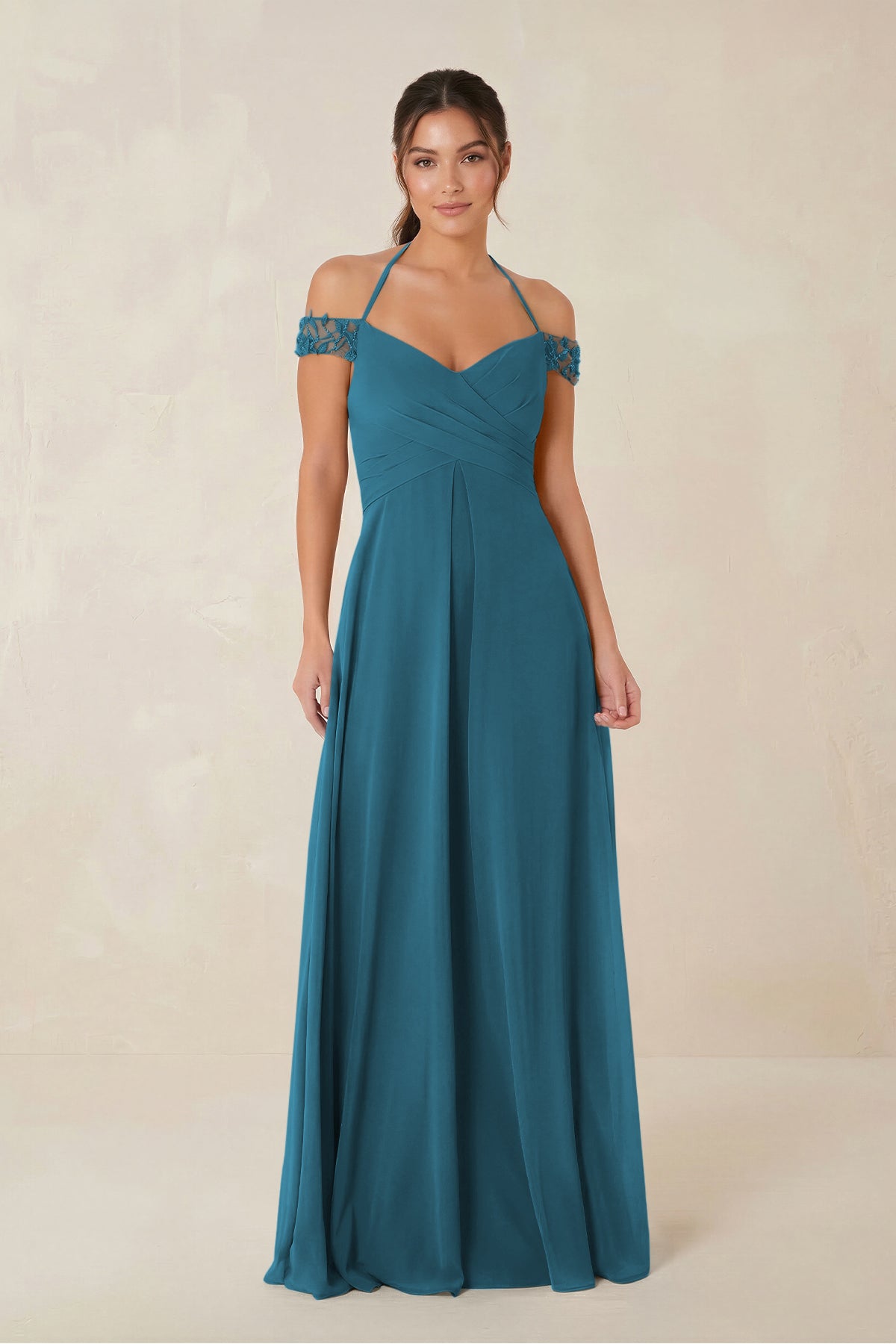 A-Line Off-the-Shoulder Chiffon Bridesmaid Dress in Dark Teal