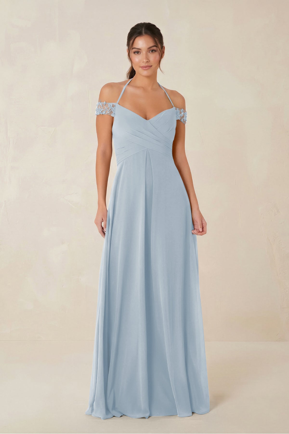 A-Line Off-the-Shoulder Chiffon Bridesmaid Dress in Dusty Blue