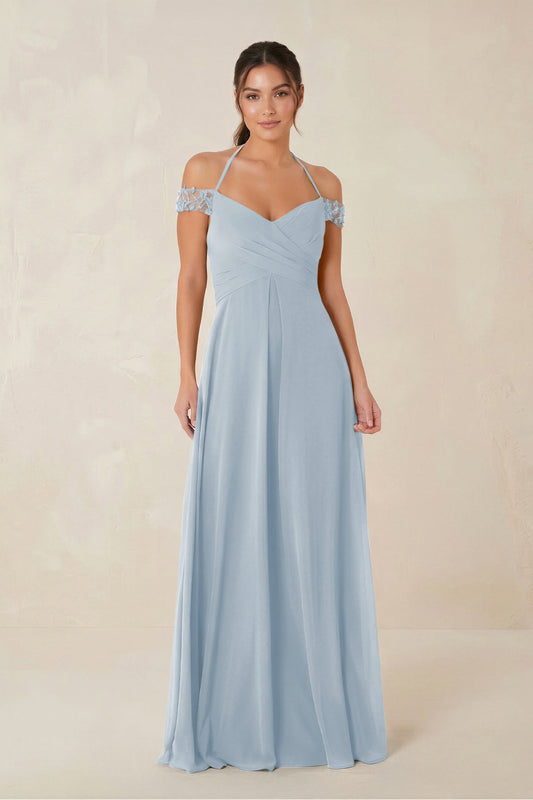 A-Line Off-the-Shoulder Chiffon Bridesmaid Dress in Dusty Blue