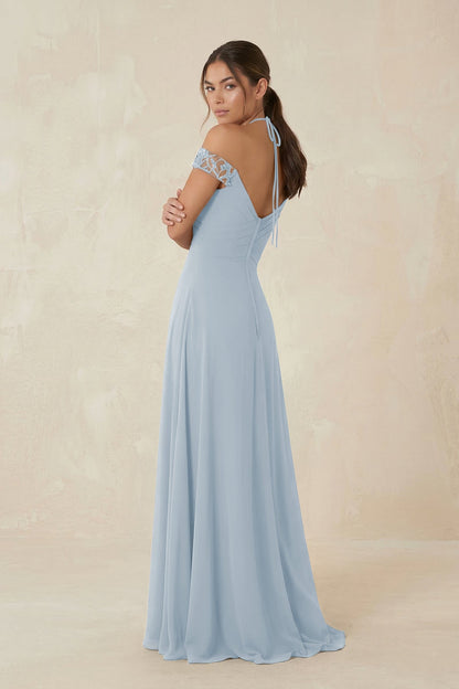 A-Line Off-the-Shoulder Chiffon Bridesmaid Dress in Dusty Blue