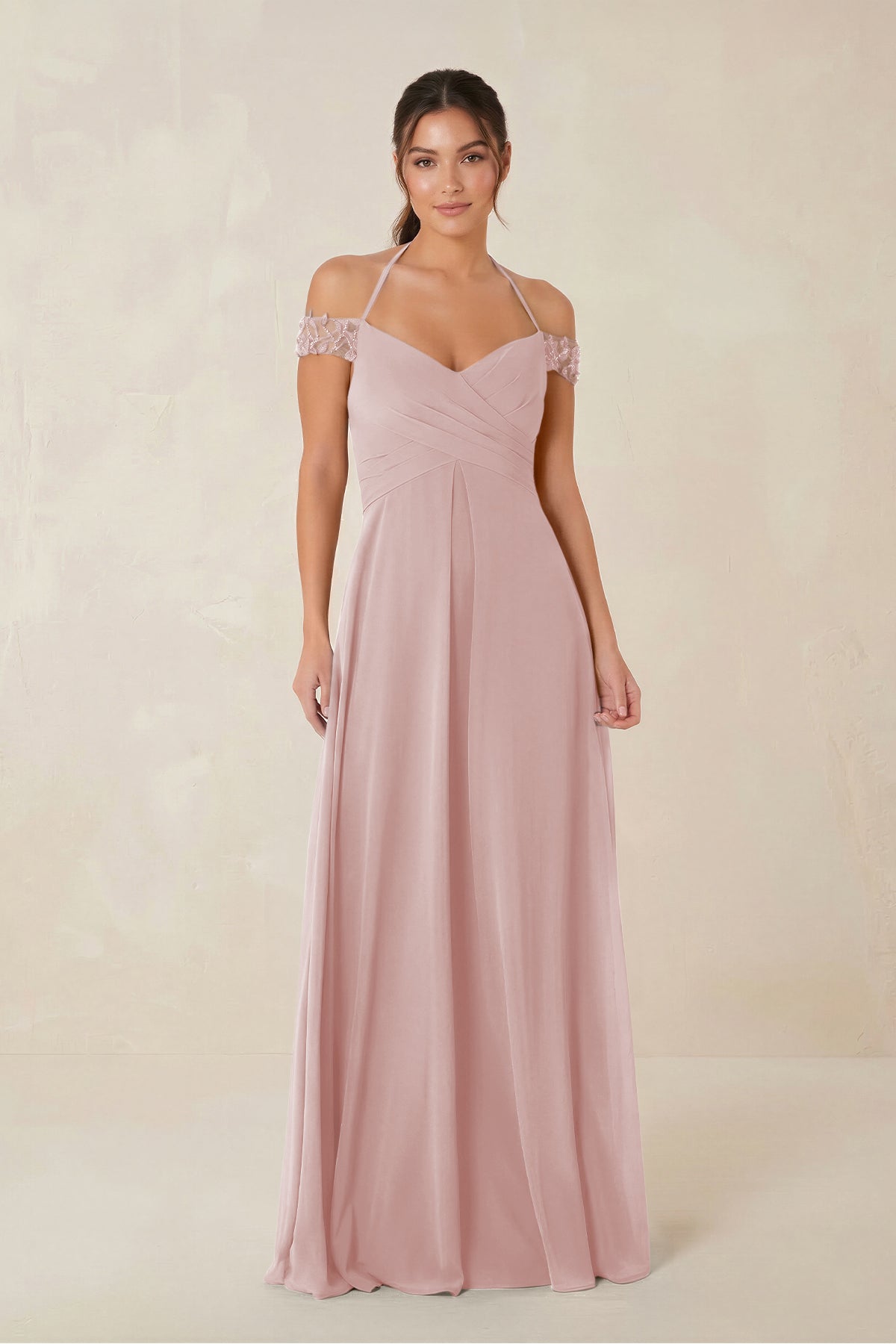 A-Line Off-the-Shoulder Chiffon Bridesmaid Dress in Dusty Rose