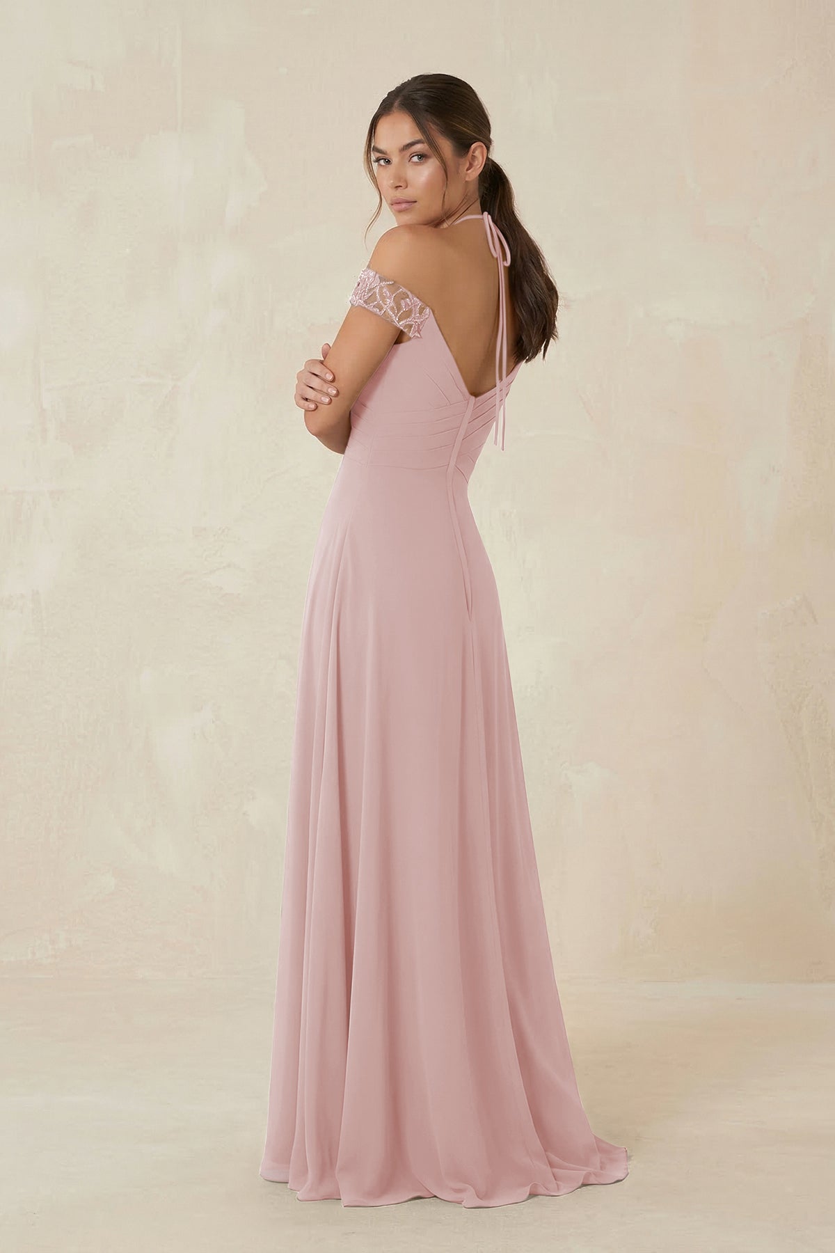 A-Line Off-the-Shoulder Chiffon Bridesmaid Dress in Dusty Rose