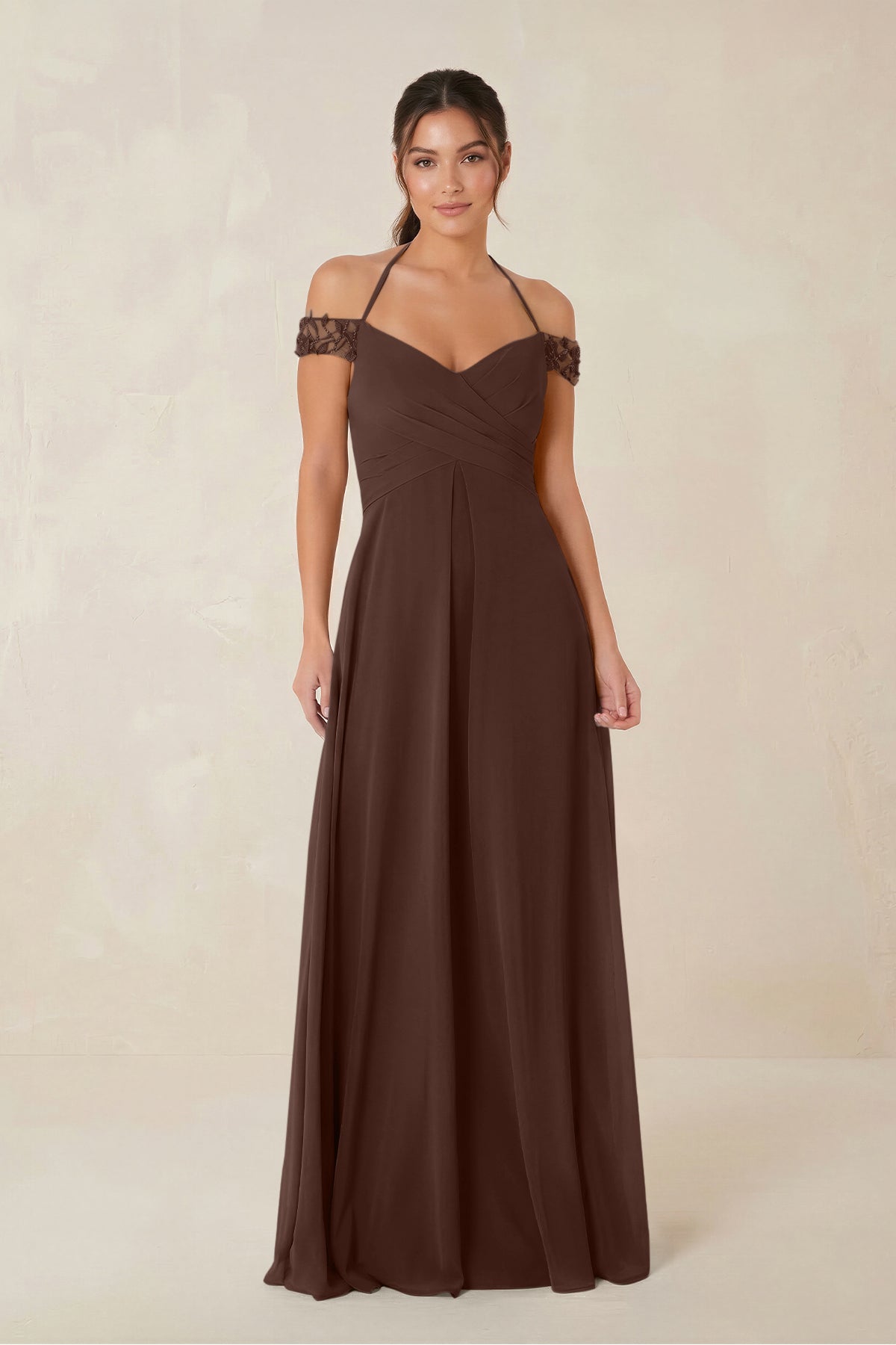 A-Line Off-the-Shoulder Chiffon Bridesmaid Dress in Espresso
