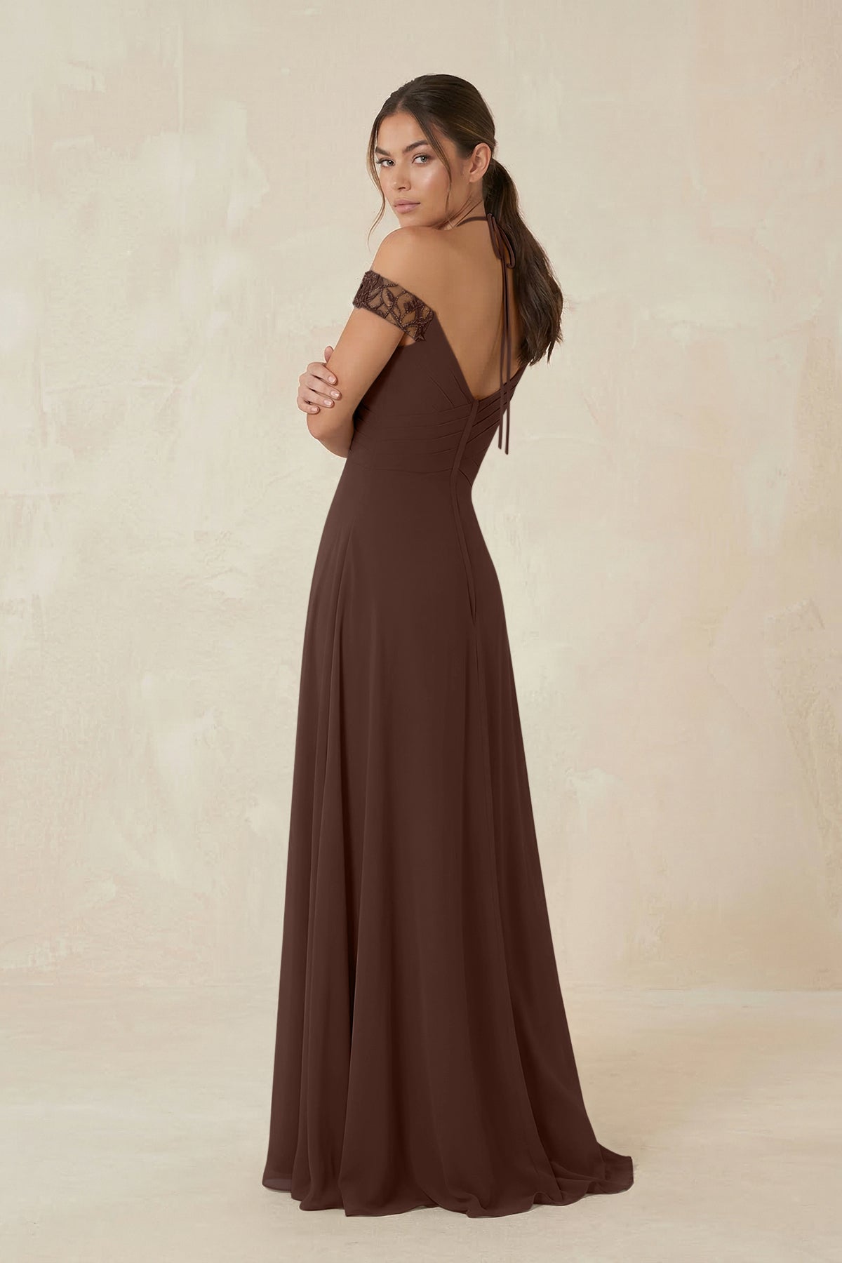 A-Line Off-the-Shoulder Chiffon Bridesmaid Dress in Espresso