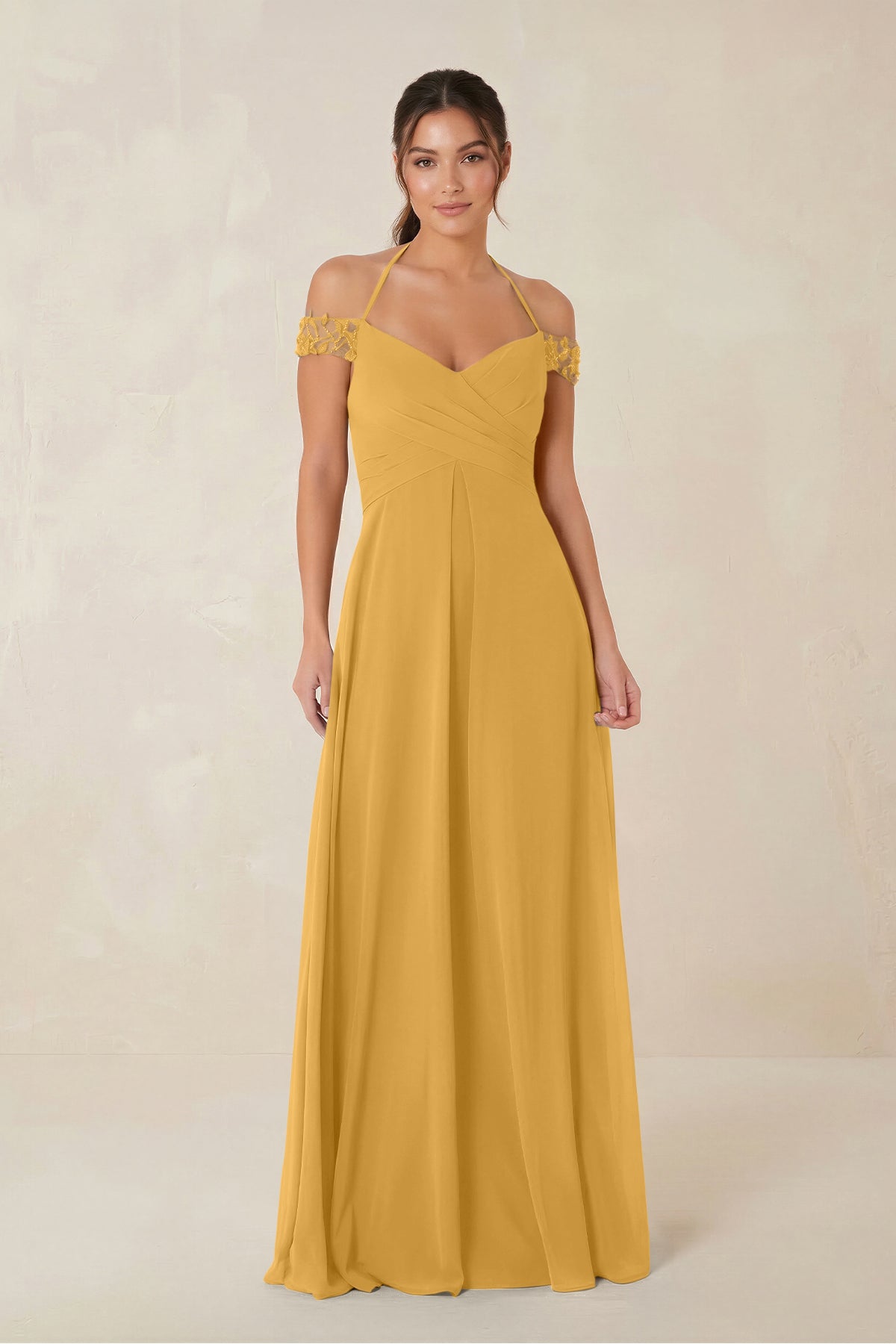A-Line Off-the-Shoulder Chiffon Bridesmaid Dress in Marigold