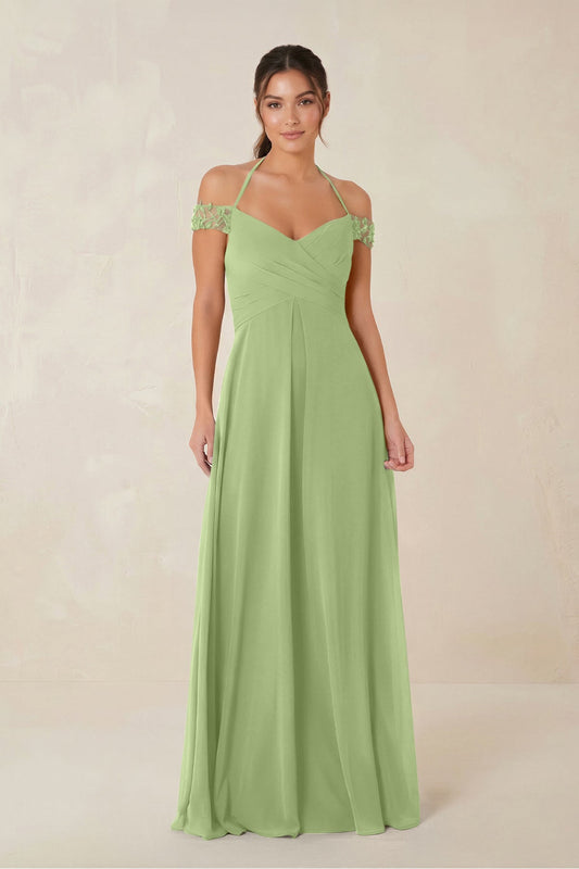 A-Line Off-the-Shoulder Chiffon Bridesmaid Dress in Matcha