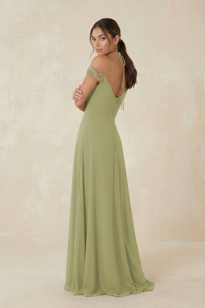 A-Line Off-the-Shoulder Chiffon Bridesmaid Dress in Moss Green