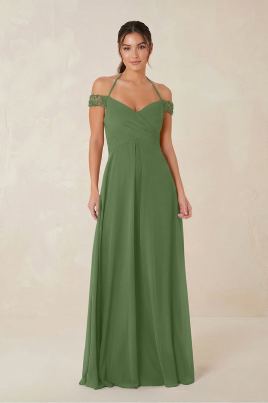 A-Line Off-the-Shoulder Chiffon Bridesmaid Dress in Moss
