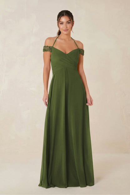 A-Line Off-the-Shoulder Chiffon Bridesmaid Dress in Olive