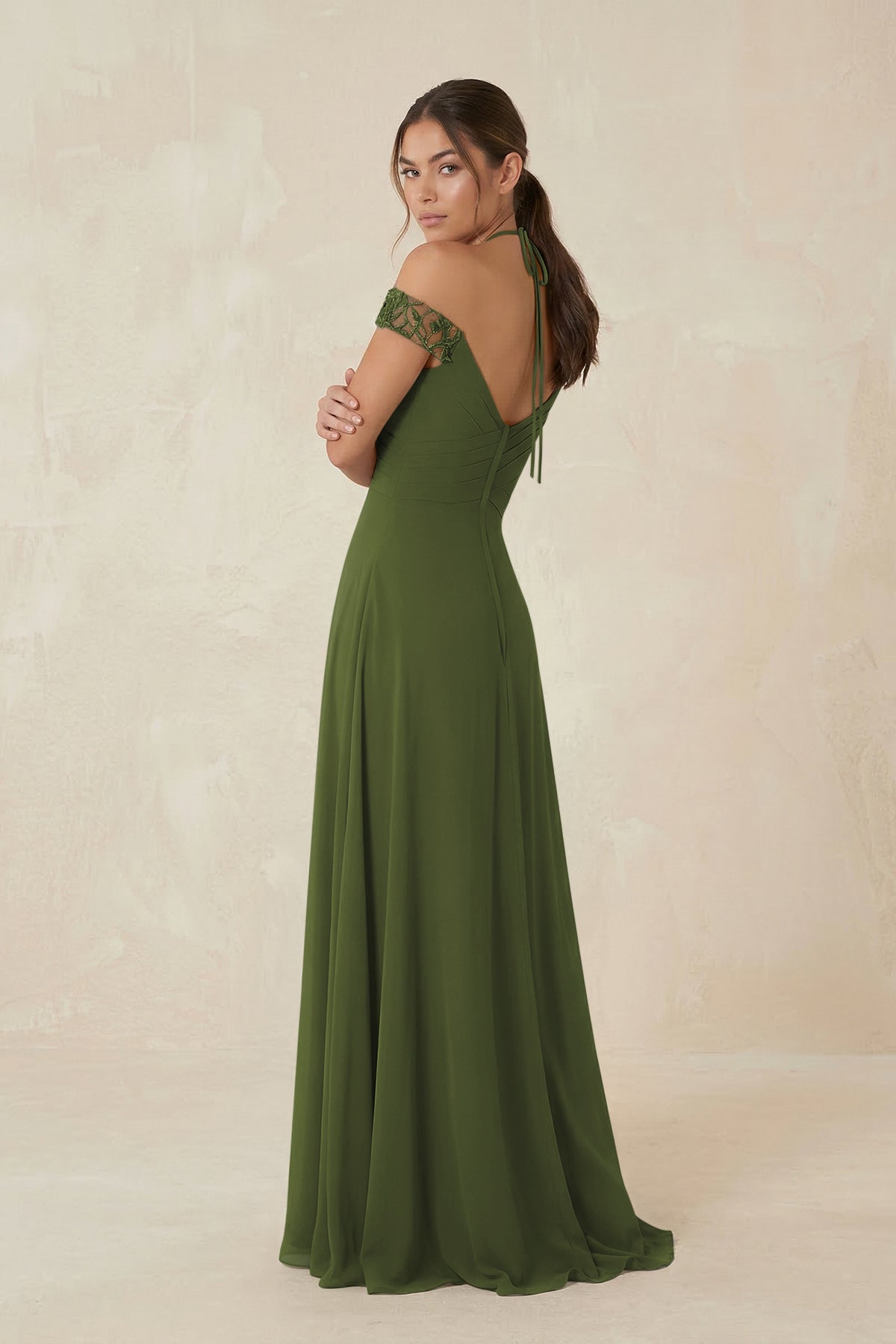 A-Line Off-the-Shoulder Chiffon Bridesmaid Dress in Olive