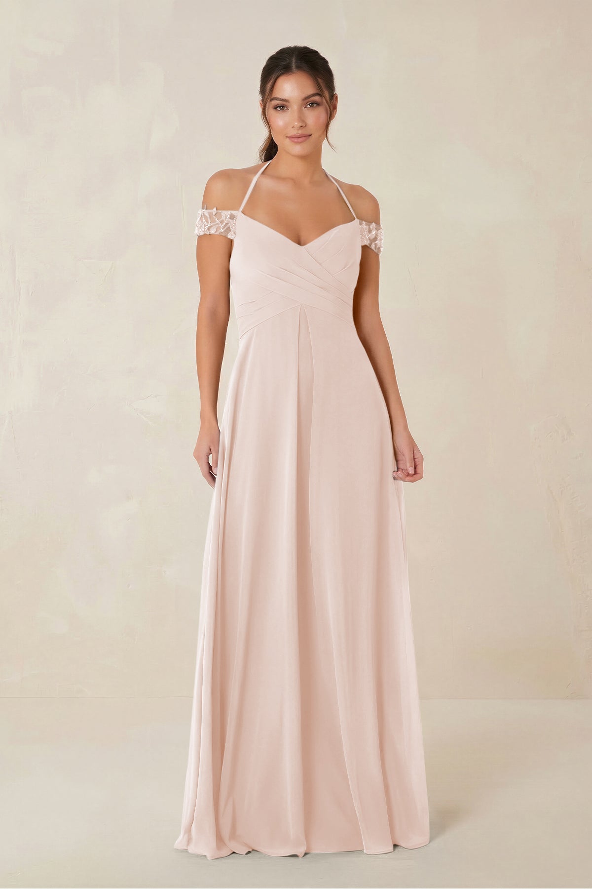 A-Line Off-the-Shoulder Chiffon Bridesmaid Dress in Pale Blush