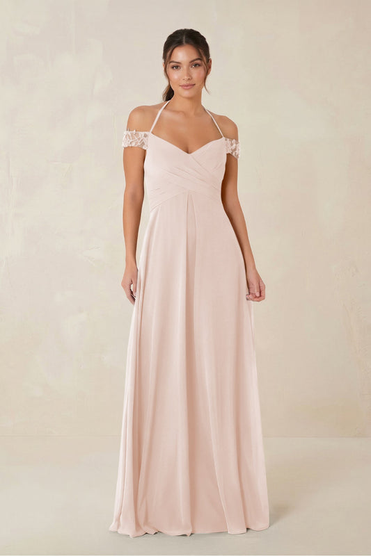 A-Line Off-the-Shoulder Chiffon Bridesmaid Dress in Pale Blush