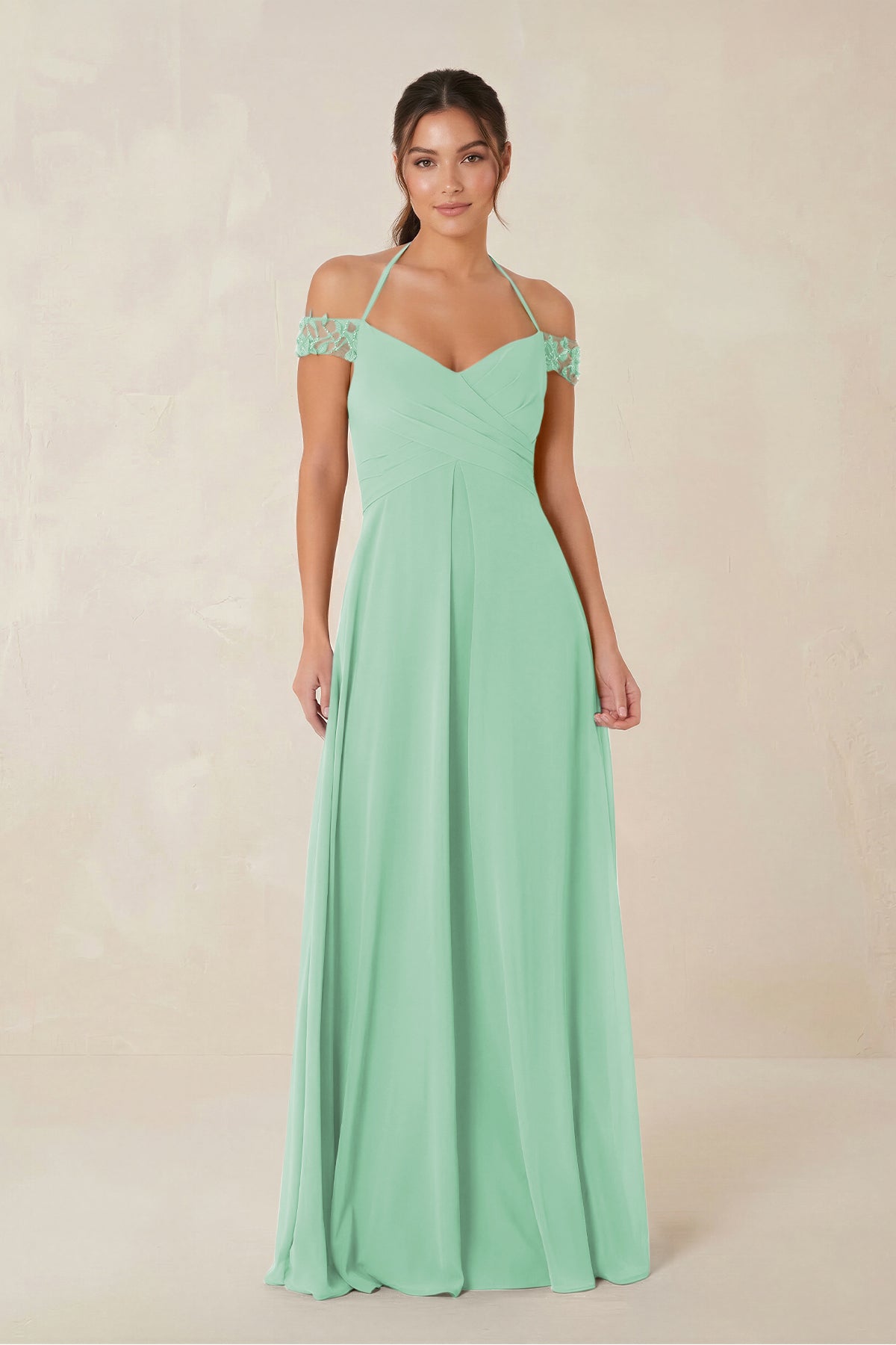 A-Line Off-the-Shoulder Chiffon Bridesmaid Dress in Pale Pistachio