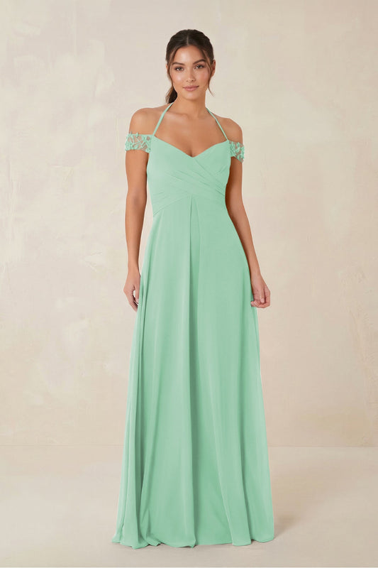 A-Line Off-the-Shoulder Chiffon Bridesmaid Dress in Pale Pistachio