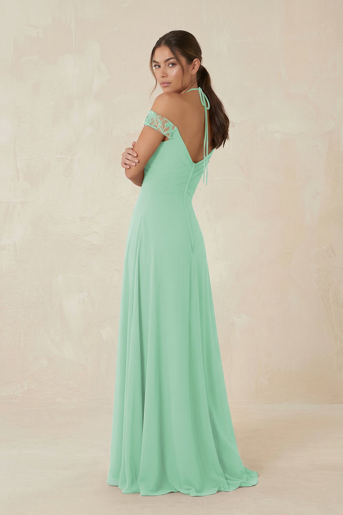 A-Line Off-the-Shoulder Chiffon Bridesmaid Dress in Pale Pistachio