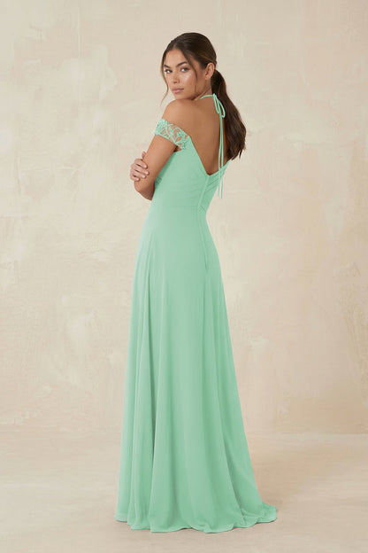 A-Line Off-the-Shoulder Chiffon Bridesmaid Dress in Pale Pistachio