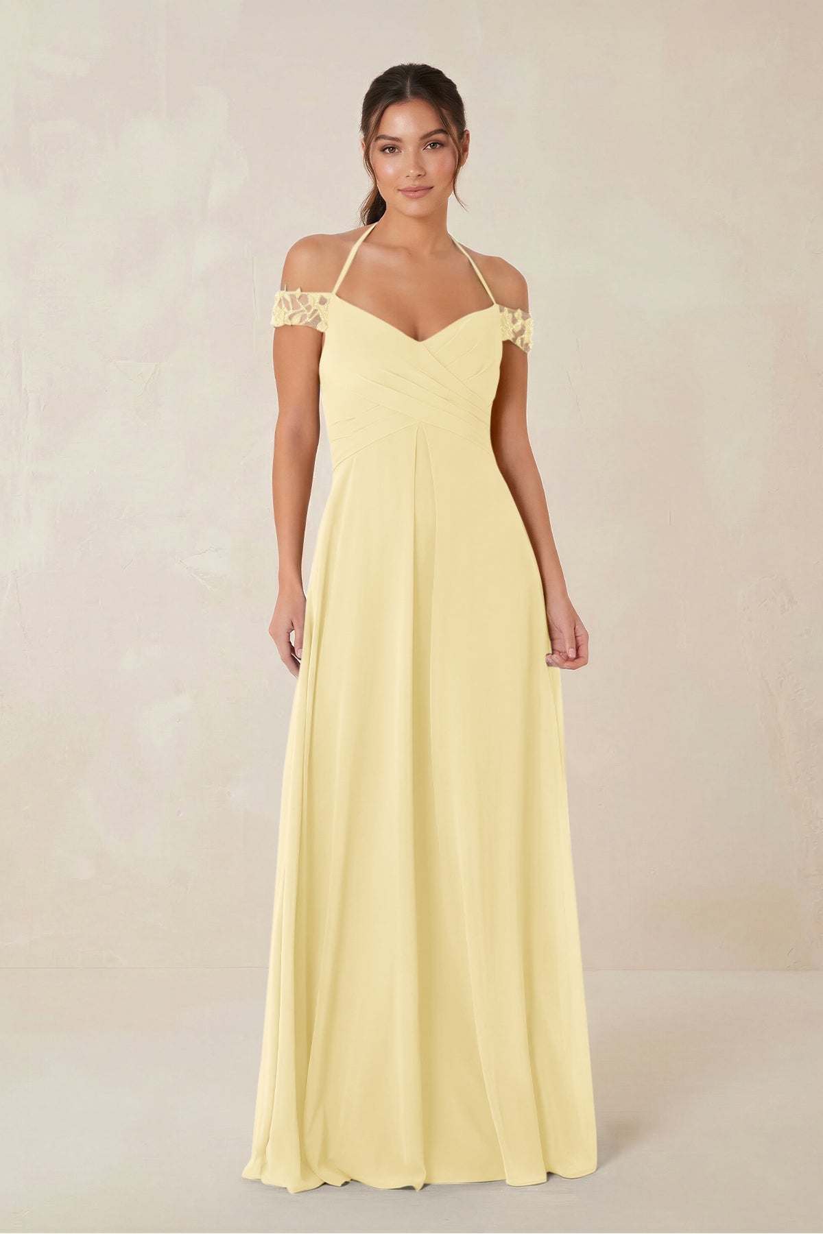 A-Line Off-the-Shoulder Chiffon Bridesmaid Dress in Pastel Yellow