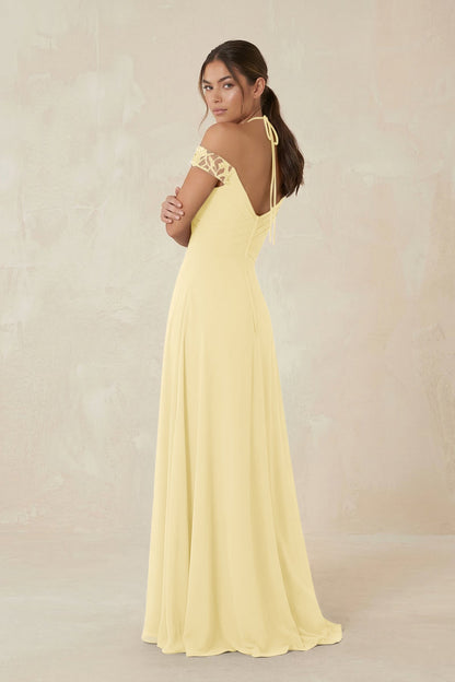 A-Line Off-the-Shoulder Chiffon Bridesmaid Dress in Pastel Yellow