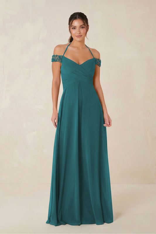 A-Line Off-the-Shoulder Chiffon Bridesmaid Dress in Pine