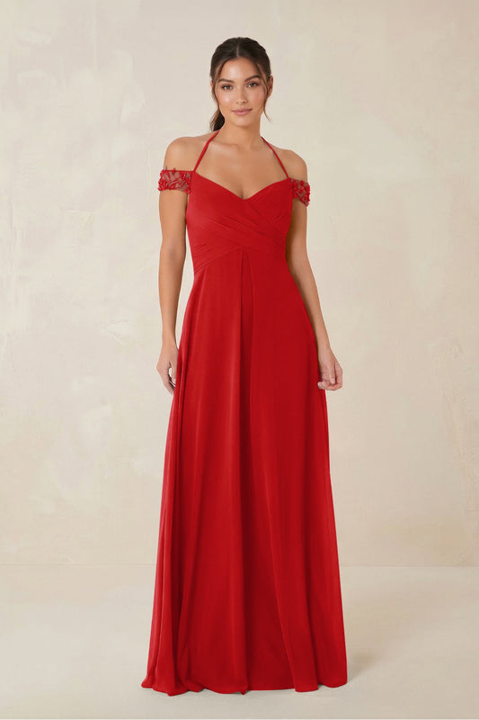 A-Line Off-the-Shoulder Chiffon Bridesmaid Dress in Ruby Red