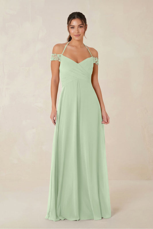 A-Line Off-the-Shoulder Chiffon Bridesmaid Dress in Sage