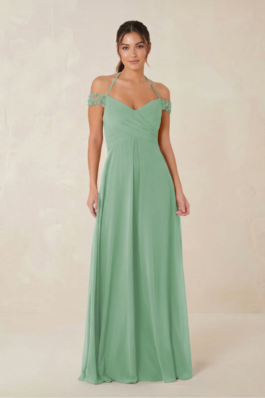 A-Line Off-the-Shoulder Chiffon Bridesmaid Dress in Sea Glass