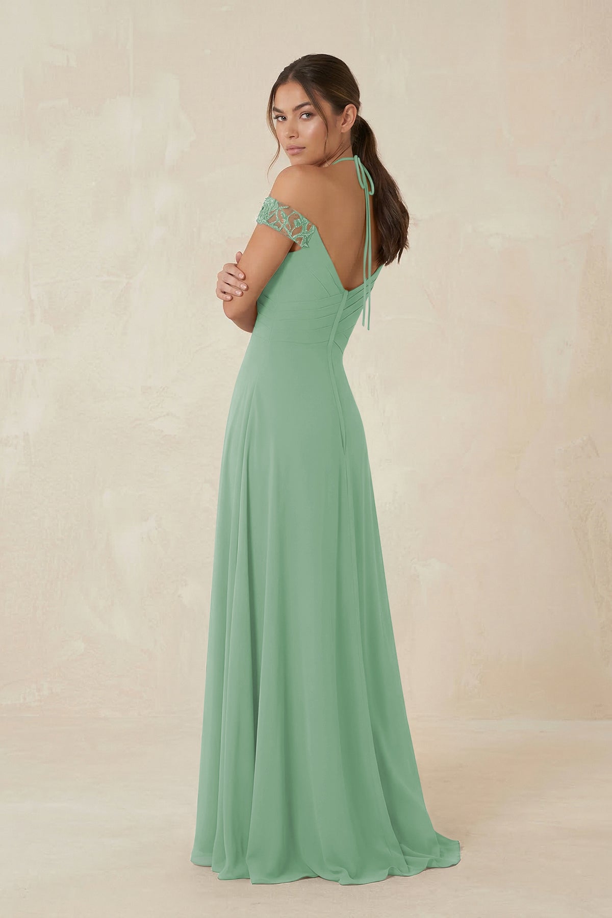 A-Line Off-the-Shoulder Chiffon Bridesmaid Dress in Sea Glass