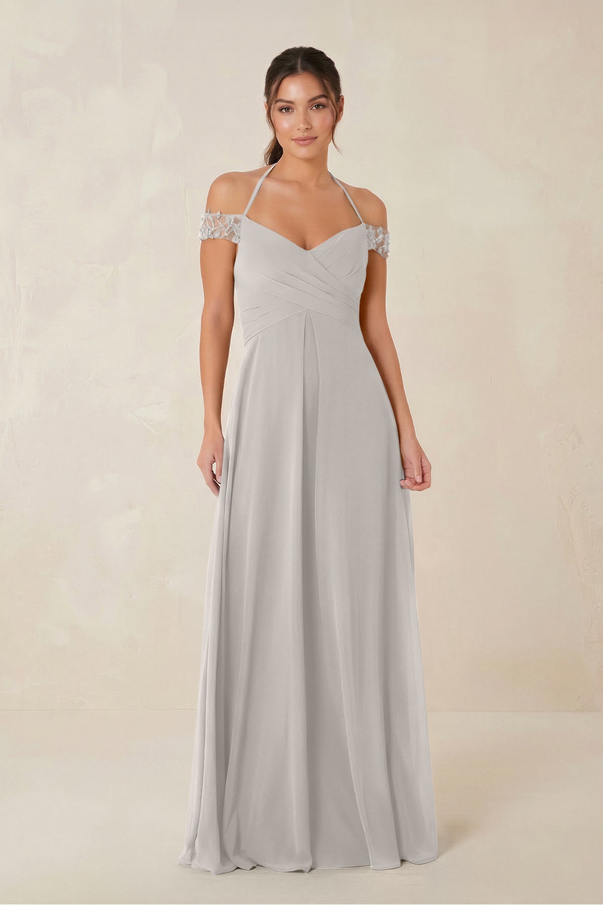 A-Line Off-the-Shoulder Chiffon Bridesmaid Dress in Silver