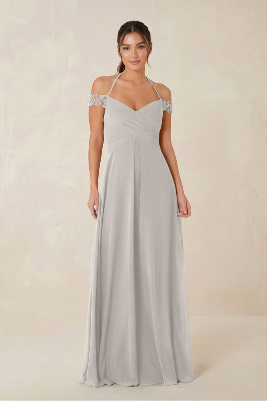 A-Line Off-the-Shoulder Chiffon Bridesmaid Dress in Silver