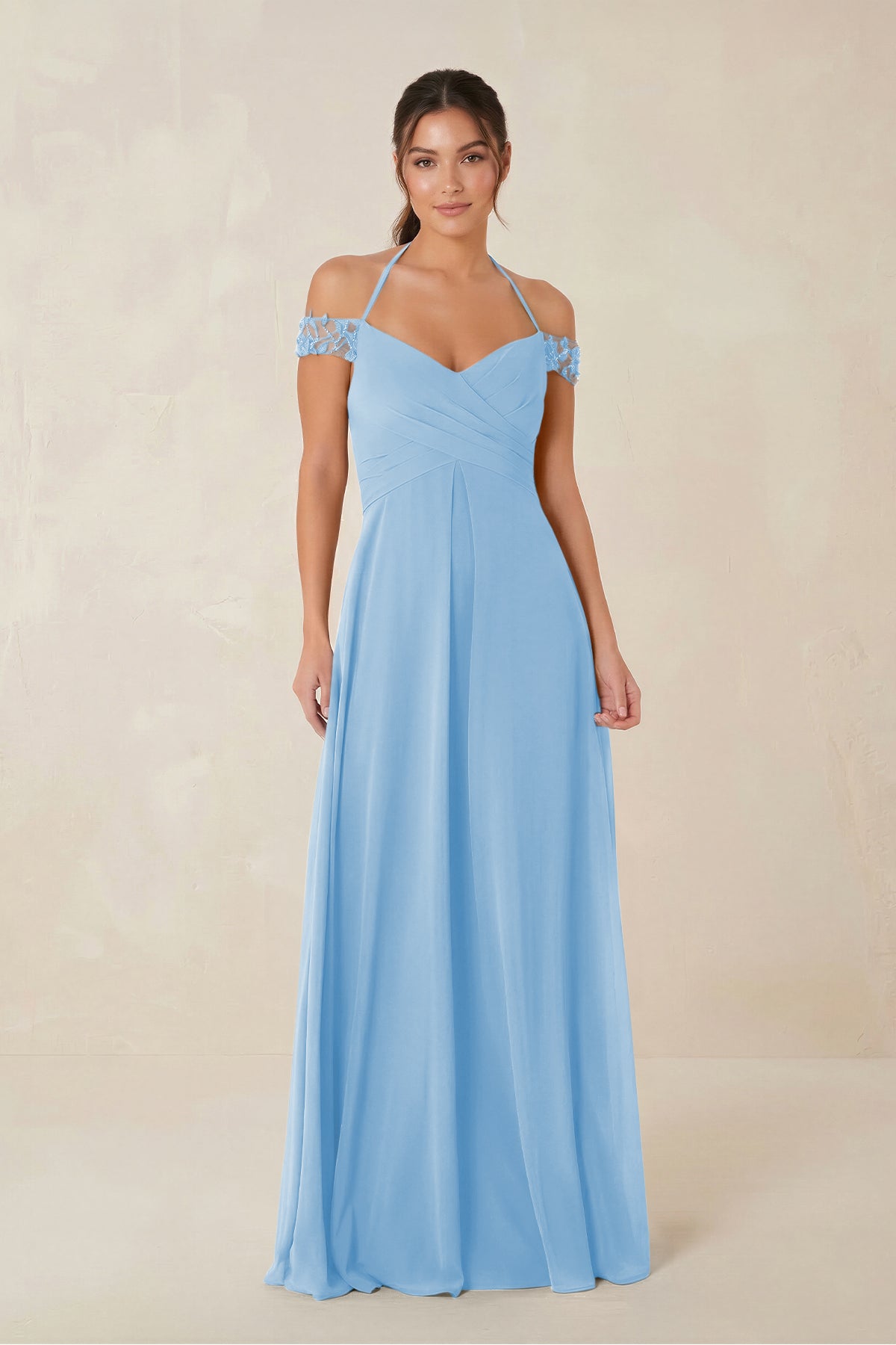 A-Line Off-the-Shoulder Chiffon Bridesmaid Dress in Steel Blue