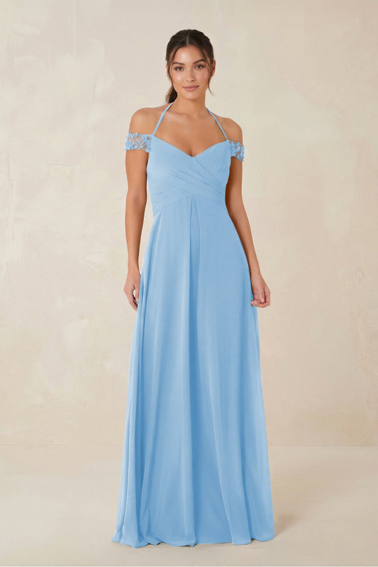 A-Line Off-the-Shoulder Chiffon Bridesmaid Dress in Steel Blue