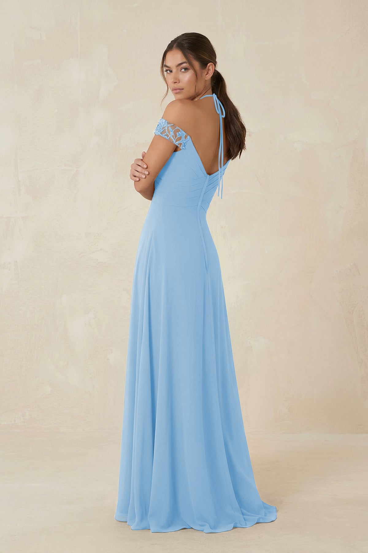 A-Line Off-the-Shoulder Chiffon Bridesmaid Dress in Steel Blue