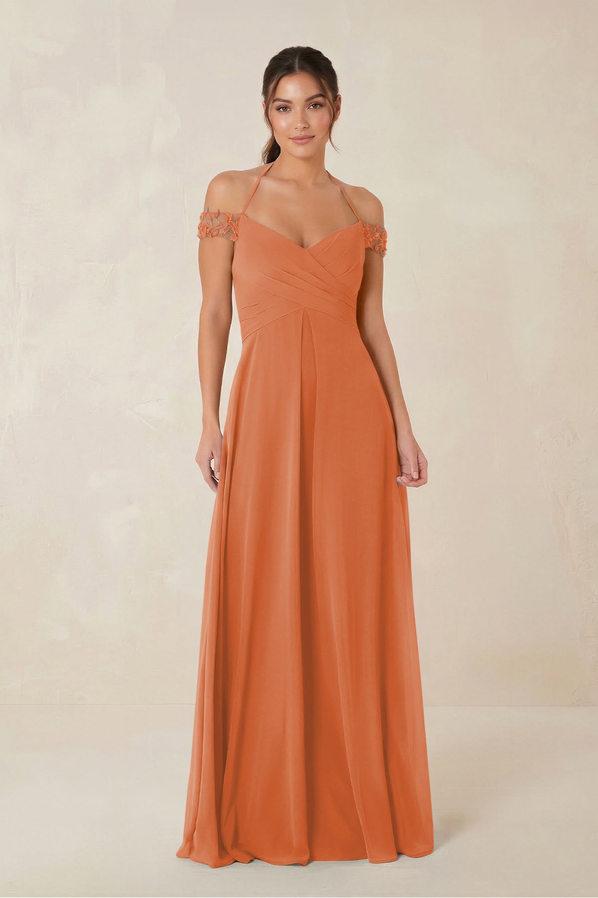 A-Line Off-the-Shoulder Chiffon Bridesmaid Dress in Terracotta