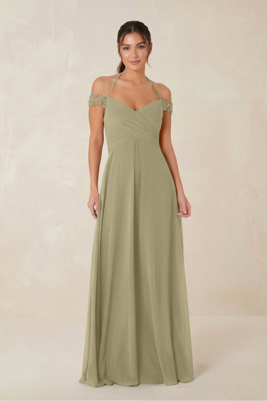 A-Line Off-the-Shoulder Chiffon Bridesmaid Dress in Thyme