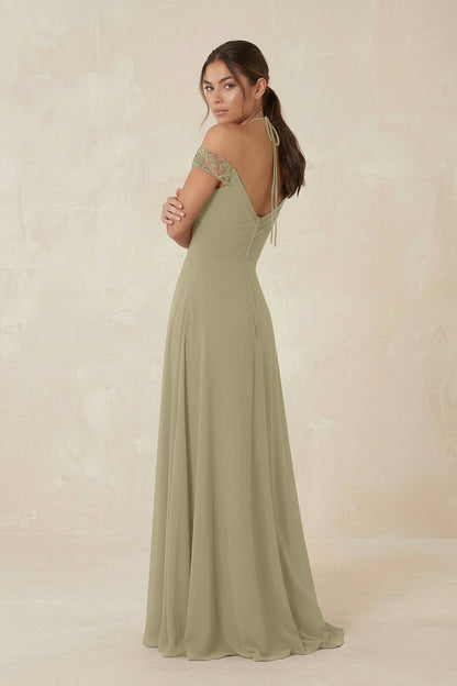 A-Line Off-the-Shoulder Chiffon Bridesmaid Dress in Thyme