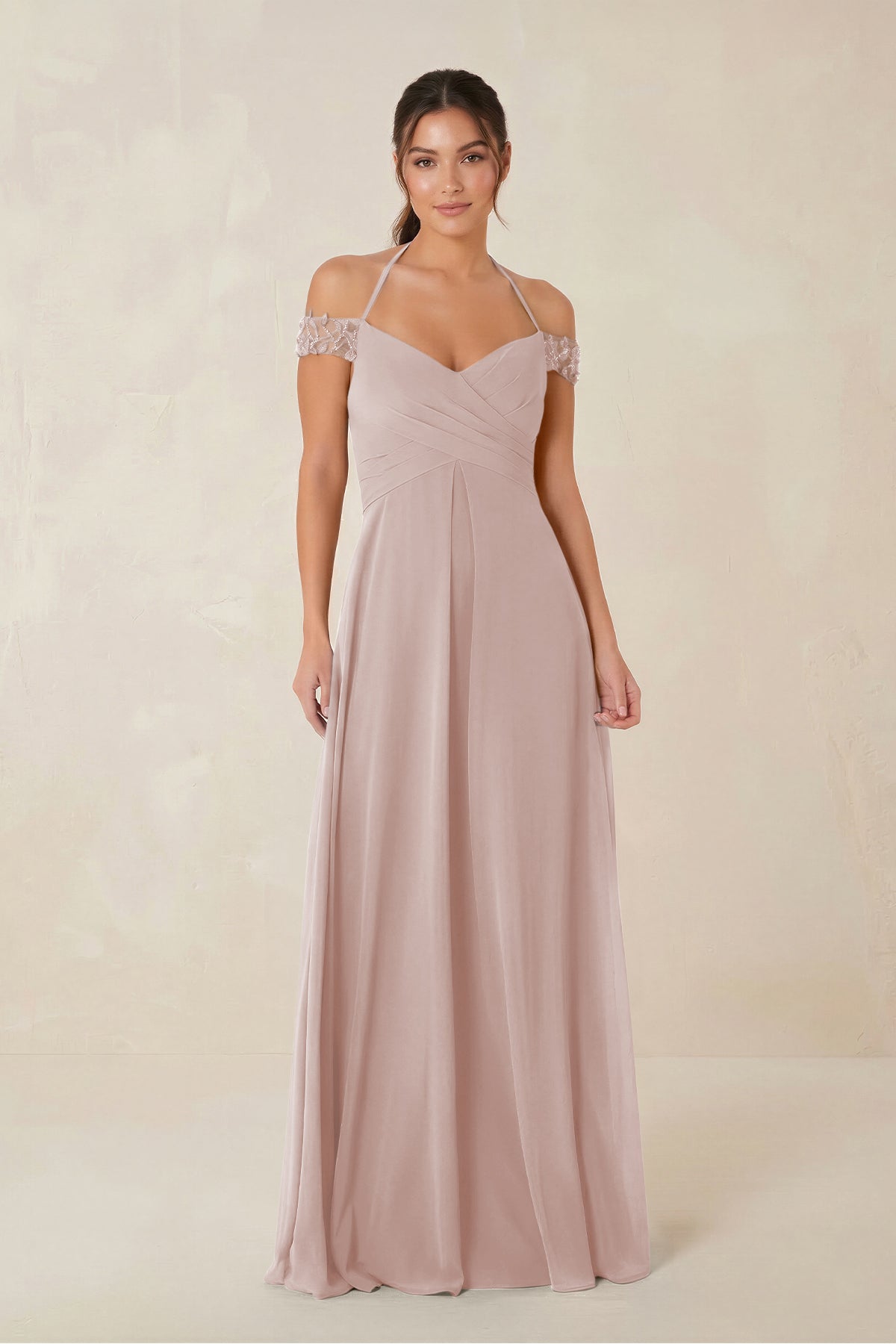 A-Line Off-the-Shoulder Chiffon Bridesmaid Dress in Toffee