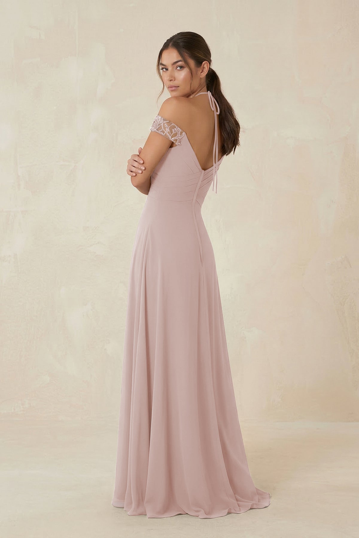A-Line Off-the-Shoulder Chiffon Bridesmaid Dress in Toffee
