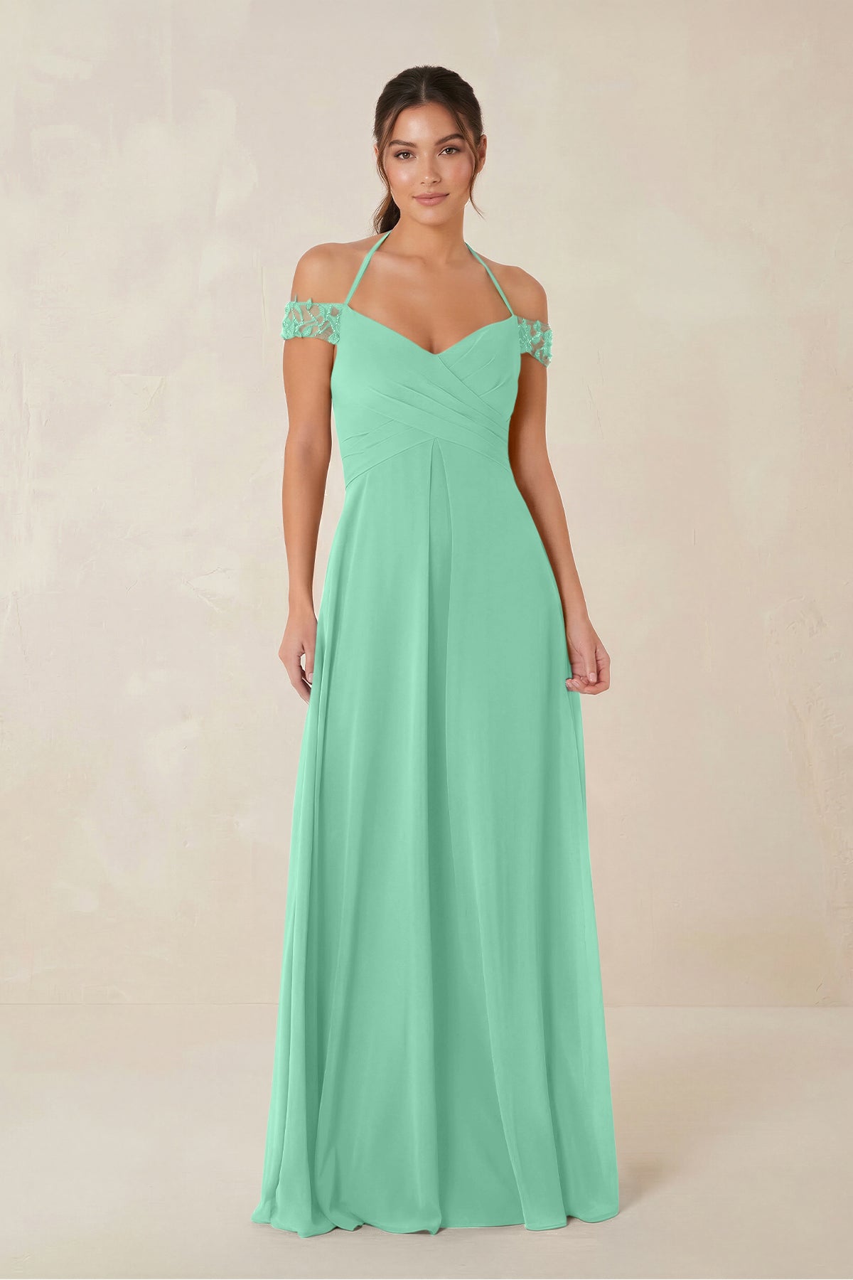 A-Line Off-the-Shoulder Chiffon Bridesmaid Dress in Turquoise